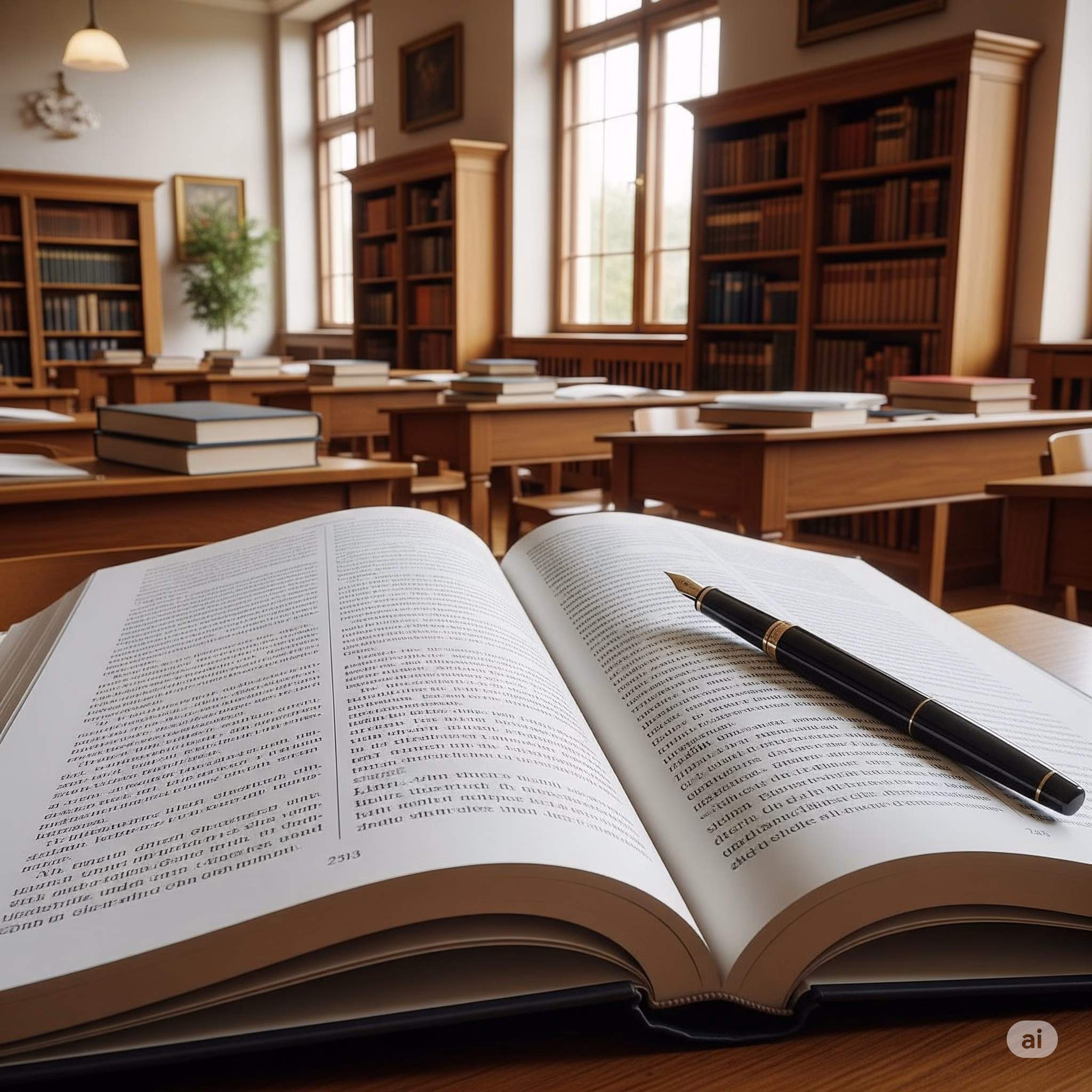 ein geöffnetes Buch auf einem Tisch in einem Klassenraum